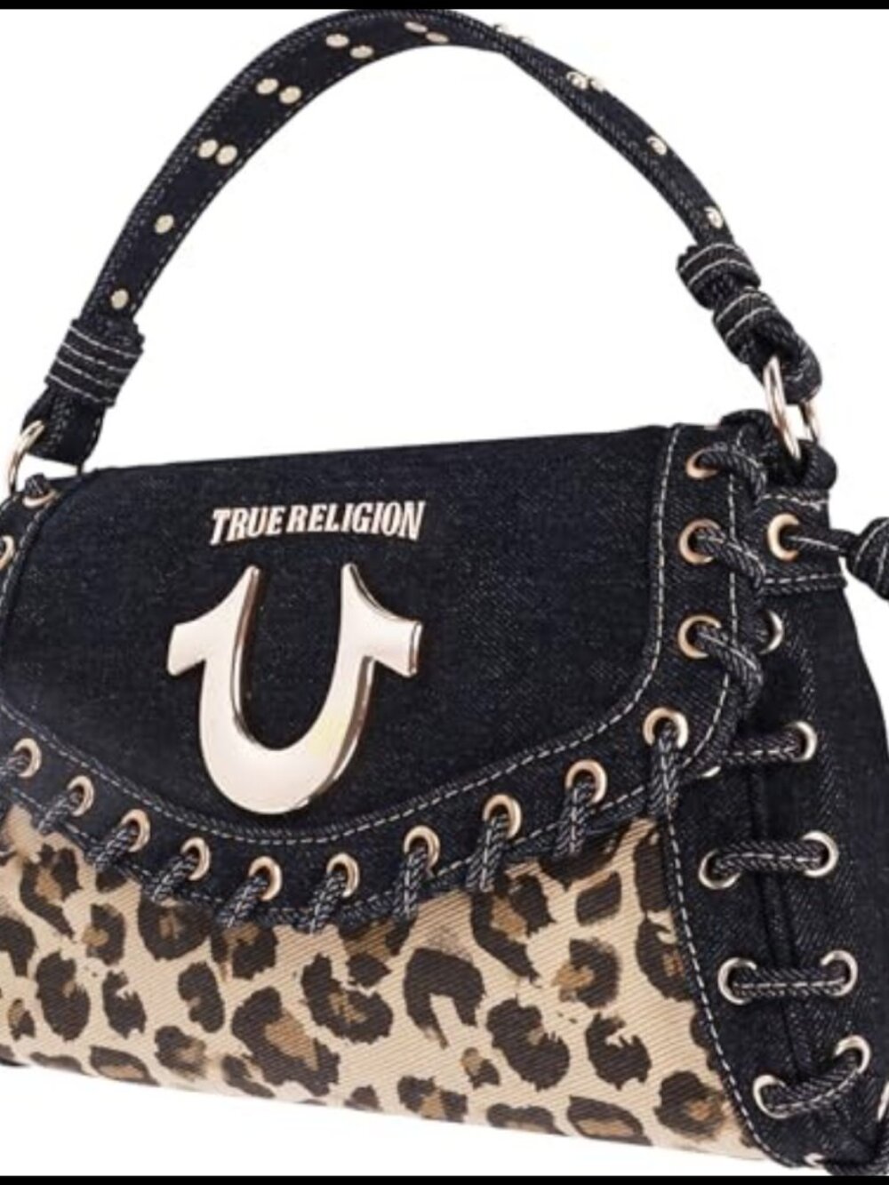Denim Eyelet Trim Flap Bag Faux Leather Studded Lace-up Crossbody Shoulder